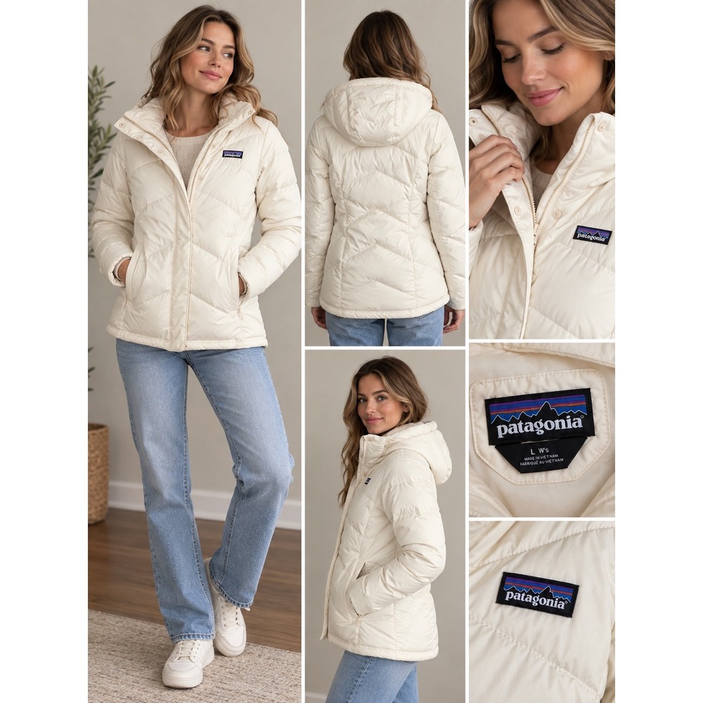 Patagonia Down With It Jacket Cream Off-White Hooded Puffer Parka Womens Large